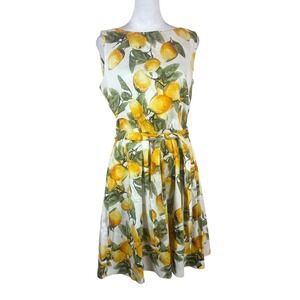 Anne Klein Womens Lemon Print Sleeveless Belted Fit Flare Dress Size 6